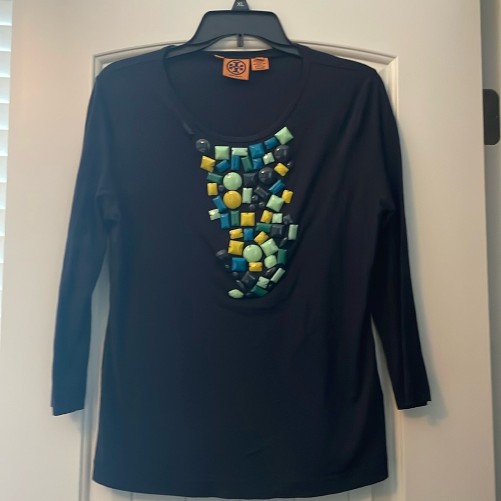 Tory Burch Razi beaded 3/4 sleeve navy blue top. Size L